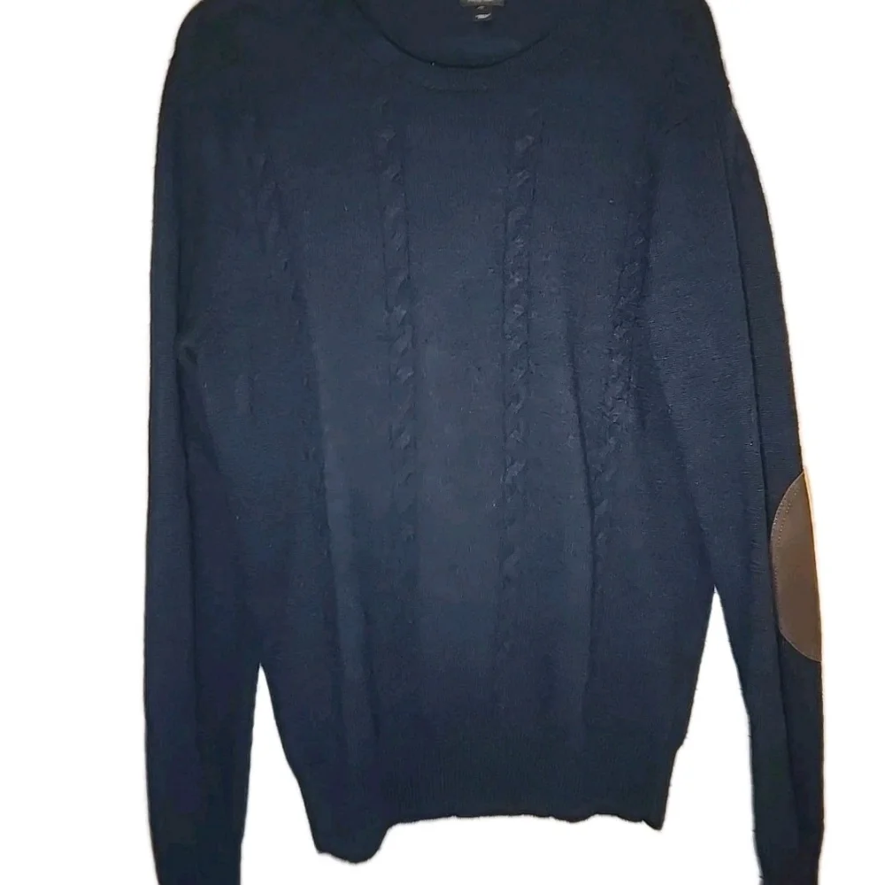 J Crew Sweater Mens XL Slim Blue 100% Merino Wool Crew Neck Suede‎ Elbow Patch